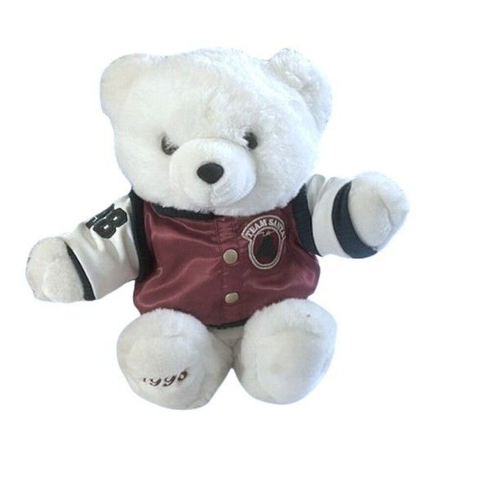 Vintage Kmart Collectible White Plush Bear Christmas Team Santa 1998